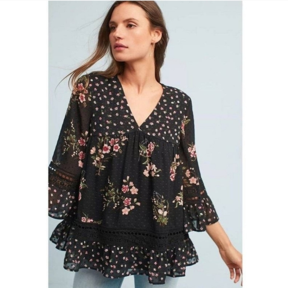 Maeve by Anthropologie Steffy Bell Sleeve Floral Blouse Top, birds, Size S
